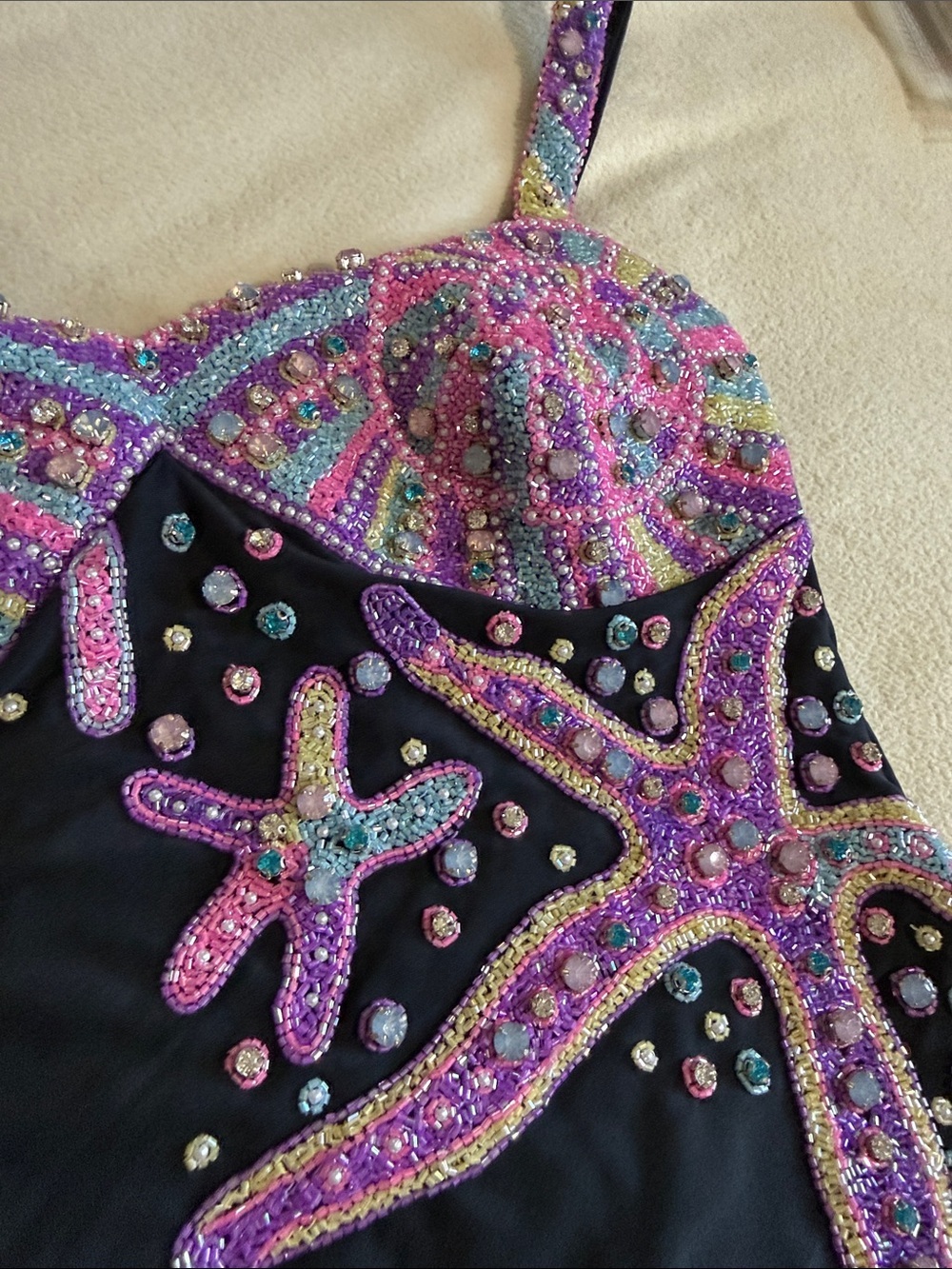 Oceanus goddess new Black One-Piece Swimsuit with Pink Beaded Starfish Accents - Picture 8 of 11